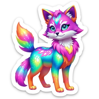 Vibrant multicolored neon-colored Falvie-Fionbri-creature-sparkle-feline-canine-hybrid-fursona, full body sticker