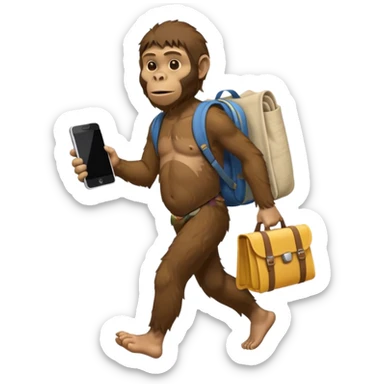 Draw an Australopithecus walking like a nomad, carrying a cloth bundle on its back, holding an iPhone in one hand and an open laptop with the screen visible in the other hand, in a cute flat iPhone emoji style. sticker