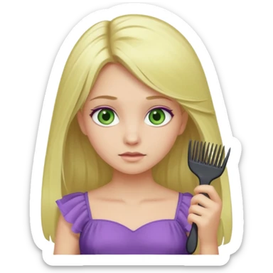 blonde girl with swamp green eyes, soft purple dress, combing her hair, iOS emoji style sticker