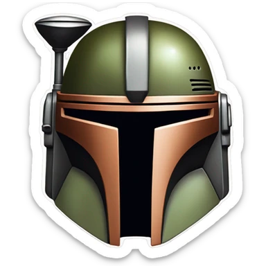Olive and rust colored Mandalorian helmet with antenna sticker