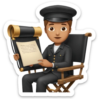 man in a director's hat, holding a script, sitting on a director's chair sticker