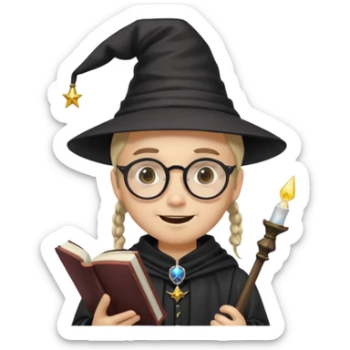 ["A happy boy with light skin, ponytail, wearing a wizard hat and square glasses, dressed in goth fashion, is reading a book while holding a phone."] sticker