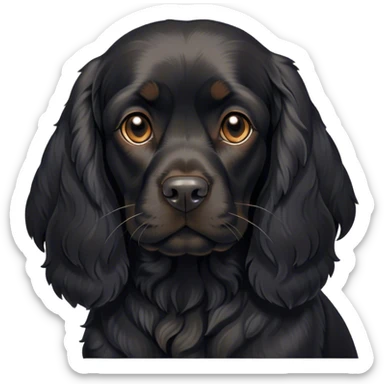 Cinematic Noble Black Cocker Spaniel Portrait Emoji, Poised and regal, with a sturdy build and a sleek, shiny black coat accented by subtle tan markings, deep-set soulful dark eyes, Simplified yet sharp and sophisticated features, highly detailed, glowing with a soft, dignified glow, high shine, intelligent and alert, stylized with an air of refinement, focused and attentive, soft glowing outline, capturing the essence of a watchful and confident companion, so majestic it feels as though it could trot out of the screen with effortless authority! sticker