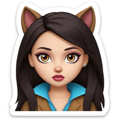 pretty bratz baddie, pretty eyes, pretty makeup, long wolf cut, dark hair sticker
