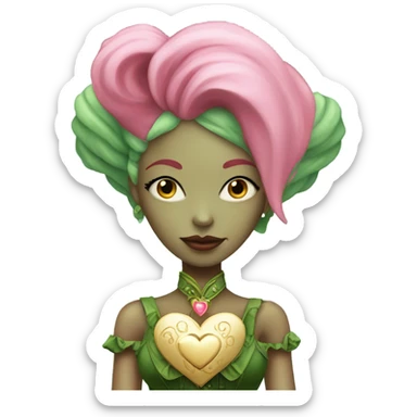 a green amazon alien woman in Victorian white gold, pink hair full body,holdig red big hearth sticker