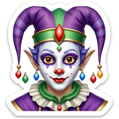 Full view, Cinematic and Ultra realistic 32k HD hauntingly beautiful jester with Balanced features, highly detailed, glowing with silver light, high shine, remembrance, a painting of white silver, fanciful, enchanting. The image is so lifelike it could leap off the canvas at any moment sticker