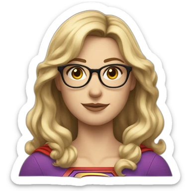 Caucasian Supergirl upper body long wavy hair and glasses with an "F" logo in the chest sticker