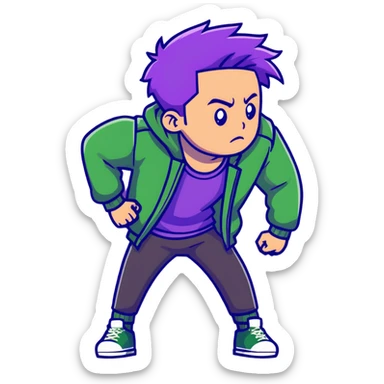 Fashionable man with purple hair and green jacket, bold expression, powerful pose inspired by Thanos sticker