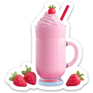 3D style strawberry milkshake with pink hue and cherry on top, glass mug, extra cherries, pastel background sticker