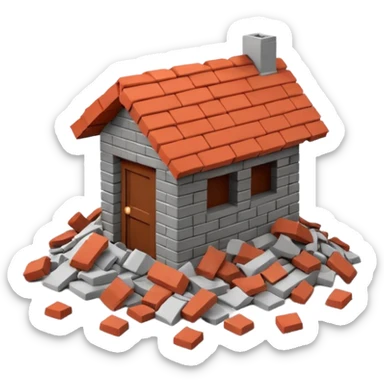 3D iPhone style emoji of a pile of bricks, roof pieces, and wall rubble, scattered and broken, isolated on white background, soft shadows, high detail, playful and cute sticker