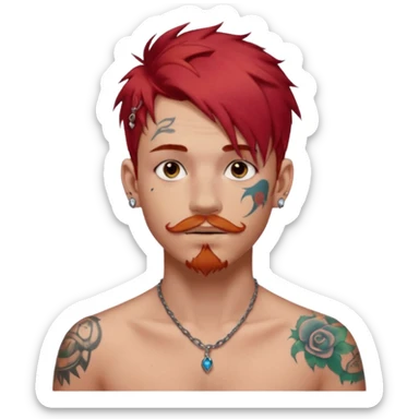 generate an ios genmoji of a 20 year old boy with shoulder length hair messy very messy dyed red hair. ear piercings. a lot of tattoos. and a faint stubble mustache sticker