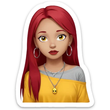 generate a pretty bratz girl with dark brown eyes. Dark long red hair straight long. wearing a yellow oversized tee falling off her shoulder, dainty silver necklace, silver hoops, septum piercings. big eyeliner sticker