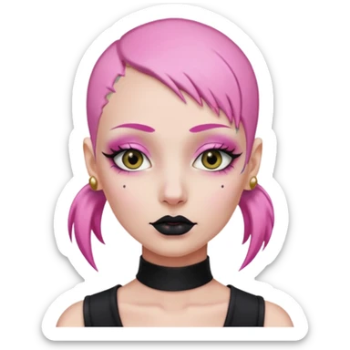 bald person with pink hair, black lipstick, pink eyes, no eyebrows, gold lip piercing, pink eye makeup sticker