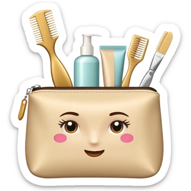 A comb, an elastic band, a hairpin and face cream are in a beige cosmetic bag sticker