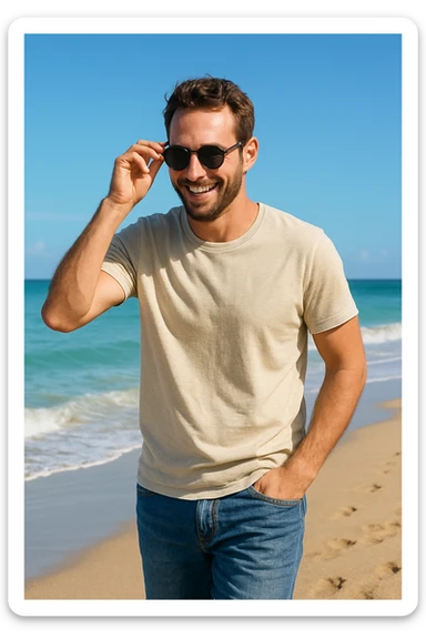 uomo passeggia a mare e si mette gli occhiali da sole sticker