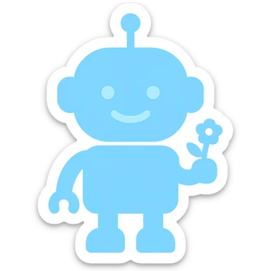 cute robot holding a tiny flower, main color #b0f2f8, color icon style sticker