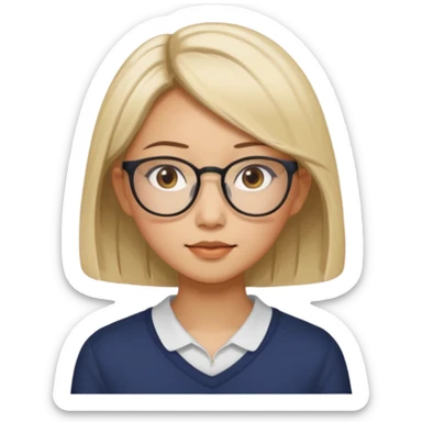 asian looking female with slight blonde hair a little longer  with eye glasses, fair complexion not that pointed nose but slighty little eye please make the hair longer shoulder length make the hair more longer sticker