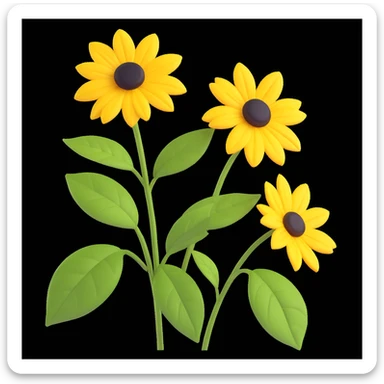 bright yellow rudbeckia flower with voluminous petals and green leaves, 3D iOS style sticker