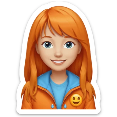 Create a custom emoji-style character inspired by a smiling woman with long orange hair and bangs, light skin tone, light blue eyes, and wearing an orange jacket sticker