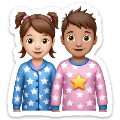 A toddler girl with brown hair with two pig tails, wearing pink pajamas with white stars on them. With a 4 year old boy with spikey brown hair, wearing blue pajamas with white stars on them. Both light skin and smiling. sticker
