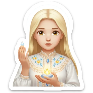 Young Ukrainian girl with blonde hair wearing a traditional white embroidered shirt (vyshyvanka) gently holding a glowing ethereal light representing the soul in her hands sticker