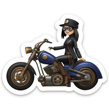 Bounty hunter Wednesday Addams Jedi wearing a pair of navy-blue rimmed steampunk goggles, hat, leather chaps, fringe jacket riding a relaxed distressed sci-fi 3 wheeled steampunk electric motorcycle with large fenders and saddlebags in desert town  sticker
