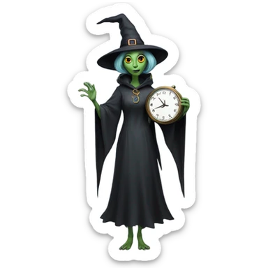 a Reptilian alien woman, as witch, holding holding a big clock, full body, happy sticker