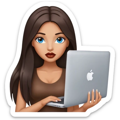 Glamours tanned very beautiful girl with big pump lips and dark chocolate straight smooth long hair, blue-grey eyes with MacBook sticker