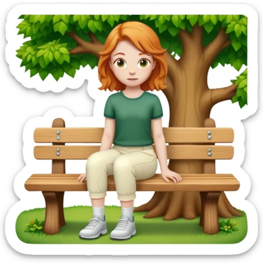 Green oak trees ginger girl sitting on bench wearing cream pants sticker