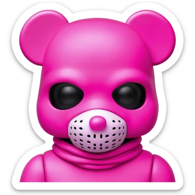 Bearbrick figure with KAWS-style X eyes, wearing a neon pink ski mask balaclava covering most of the face except for the X eyes sticker