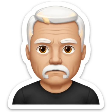 White haired muscled adult man with a black t-shirt. He has white beard with a short goatee. Dark brown eyes and some wrinkles. sticker