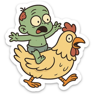 a green baby zombie riding a chicken, western animation cartoon style, playful, bold lines sticker