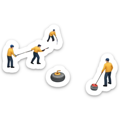 An icon showing a curling match on an indoor ice stadium, with a polished curling stone gliding toward the target and players sweeping. Spectators watch from stands, and flags hang above the rink. Transparent background highlights strategy and focus in the sport of curling. sticker