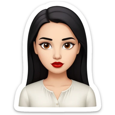 Young fuller-figured woman with oval face, high cheekbones, brown skin, dark brown eyes, thick eyebrows, red lipstick, long straight black hair, slightly plump, wearing a white blouse sticker