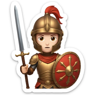 An emoji of the Roman god Mars. He is a warrior with a helmet and armor, holding a sword and shield, with a fierce expression. sticker