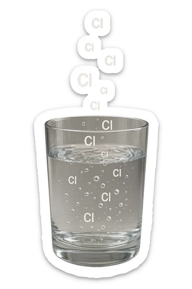 un bicchiere di acqua fluttua in aria realistico e dettagliato, dentro l'acqua del bicchiere ci sono particelle di cloro ben visibili con la scritta "Cl" sopra, ci sono particelle anche che escono dal bicchiere e fluttuano in aria verticalmente, mentre alcune sono all'interno dell'acqua nel bicchiere, iperrealistico 4k sticker