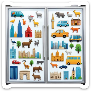 Icon for Magnet Collecting: a close-up of a fridge door covered with a variety of magnets, featuring cities, animals, symbols. The icon should highlight the diversity and charm of magnet collections. Transparent background. sticker