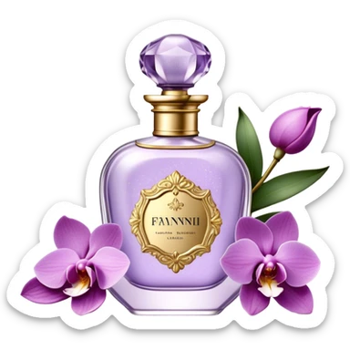 Create a delicate vintage French-style perfume bottle in an orchid hue, adorned with intricate gold detailing and an elegant glass stopper. Surround it with lush lilac flowers, along with soft lavender sprigs and petals scattered around for a dreamy, romantic atmosphere. The background should have a subtle antique texture, evoking the charm of a Parisian boudoir. The lighting should be soft and diffused, enhancing the luxurious and nostalgic feel sticker