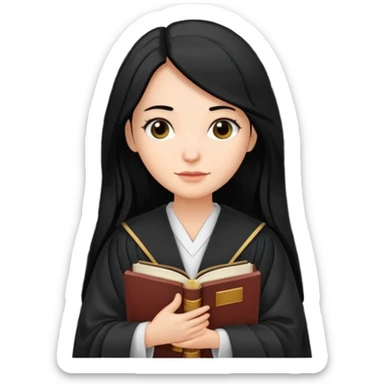 white-women-with-long-black -hair-lawyer-in-lawyer’s-robe. Have law book in hand with bookshelf full of law books in the background sticker