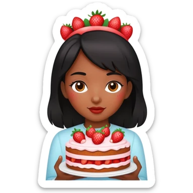 Beautiful black-haired girl holding a strawberry cake sticker