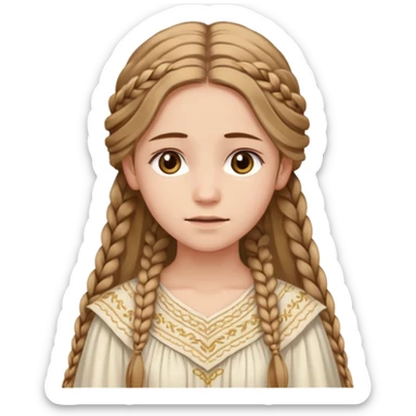 Joven de unos 20 años, de aspecto dulce y elegante.
Piel clara, ojosy expresivos, sonrisa triste.
Rubio o castaño claro, largo, con trenzas o velo.
-Vestido largo de tonos suaves (blanco, azul o lavanda), con bordados dorados; un manto o toca fina cubriendo la cabeza. sticker