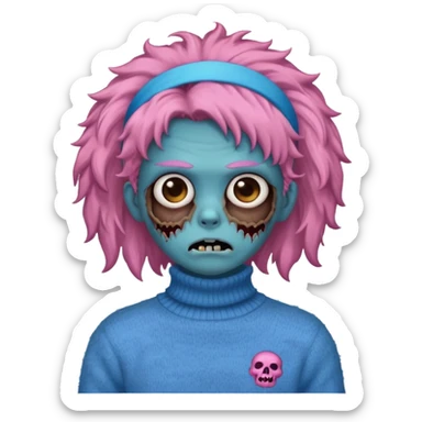 brown fluffy haired blue zombie with pink turtleneck sweater and hair band sticker