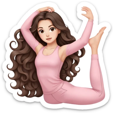beautiful brunette with a light balayage white girl with nice defined and long curls , very long hair, clean girl makeup STRETCHING HER BODY IN LIGHT PINK GYM sticker