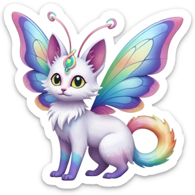 Pure-snow-White albino iridescent with pastel rainbow-gradients-color-markings with swirly patterns butterflies  faerie-Noivern-Noibat-Purloin-Torracat-Lykoi-Caracal-cat-Fakemon-fusion-hybrid-creature sticker