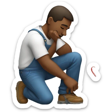 A man  kneeling and crying while trying to repair his girlfriend's broken heart. The heart should be depicted as a broken emoji heart, emphasizing the emotional scene. sticker