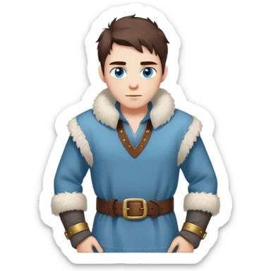 Medieval winter outfit worn by a DnD themed fantasy male character. Thick charcoal wool tunic with fur-lined collar and cuffs, layered over a thermal linen undershirt, secured with a wide leather belt with brass fittings. Clothes only above the waist, full waist coverage. The character has no arms. Character is white-skinned with dark chestnut hair, ice-blue eyes, and shoulder-length straight hair partially tucked into the fur collar. sticker