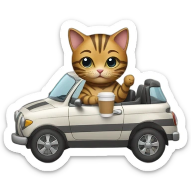 A striped cat drives a car and holds a glass of coffee in its paw sticker