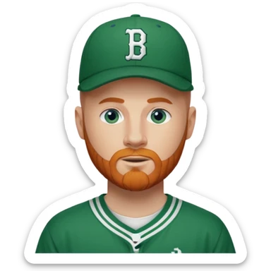 Bald white man with ginger beard, blue eyes in Tatum Boston Celtics jersey. Show front of Jersey and Boston Celtics logo on baseball cap sticker