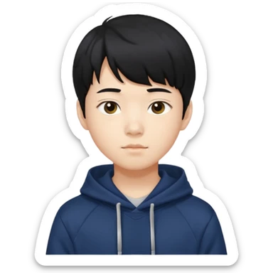 흑발에 앞머리를 덮은 잘생긴 14세 한국소년/ 옷 색깔은 남색 후드티 sticker