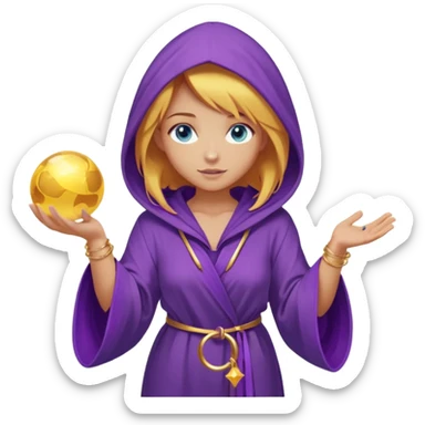 lightly tanned skin, blue eyes, cute and sexy girl with bright yellow-brown hair in a few shades of purple robe with hood, golden rings, slight cute makeup, full body, slightly turned aside pose, holding a magical ball (for future prediction) sticker